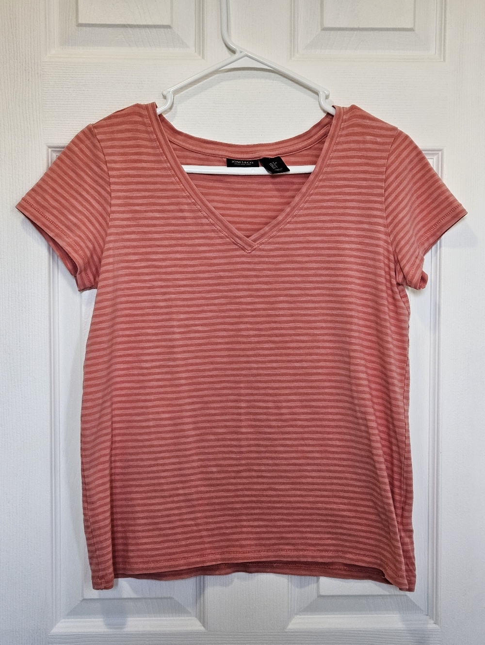 Jones & Co. Striped V-Neck Short Sleeve Tee in Coral